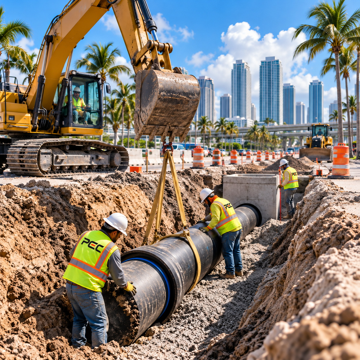PEC excavator loading fill into a dump truck on a Miami-Dade site development project.